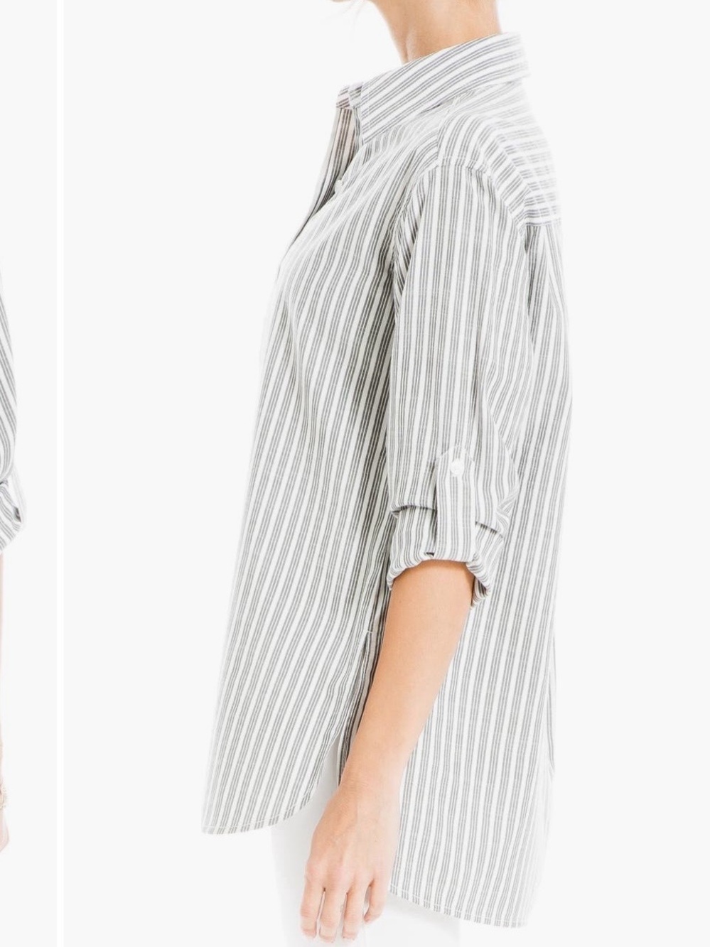 MAX STUDIO Stripe Oversize Long Sleeve Button-Up Tunic in green/ivory Sz M - Picture 6 of 15
